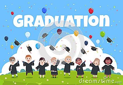 Graduate kids background. Children wearing in academic clothes celebrating graduation day vector illustration Vector Illustration