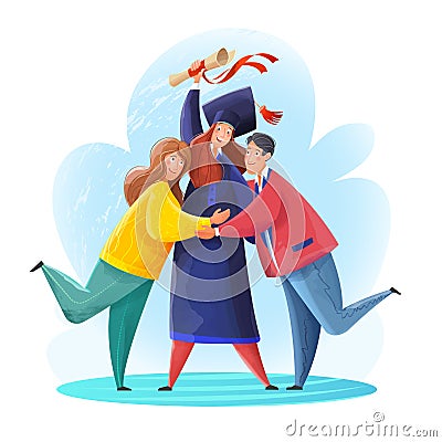 Graduate. Parents congratulate and hug the student who graduated from the university. Mom and Dad are very happy. Vector Illustration