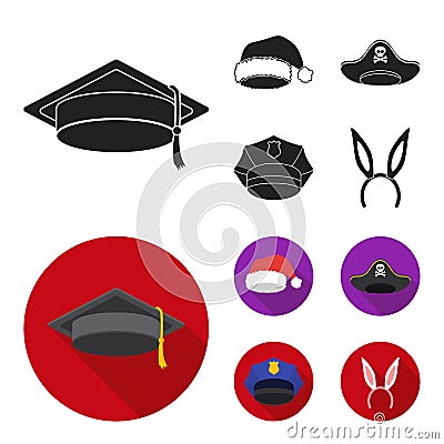 Graduate, santa, police, pirate. Hats set collection icons in black, flat style vector symbol stock illustration web. Vector Illustration