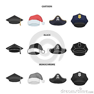 Graduate, santa, police, pirate. Hats set collection icons in cartoon,black,monochrome style vector symbol stock Vector Illustration