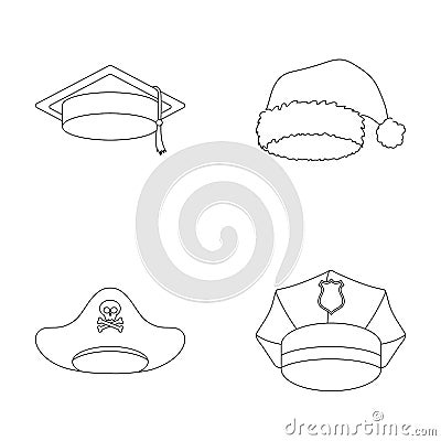 Graduate, santa, police, pirate. Hats set collection icons in outline style vector symbol stock illustration web. Vector Illustration