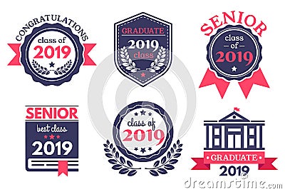 Graduate senior school badge. Graduation day emblem, graduates congratulations badges and education emblems vector Vector Illustration