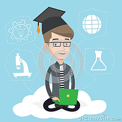 Graduate sitting on cloud vector illustration. Vector Illustration