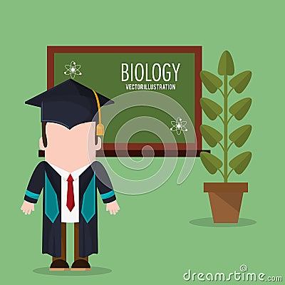 Graduate student biology plant and chalkboard Vector Illustration