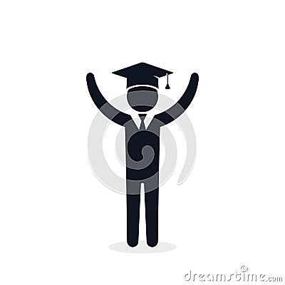 Graduate student boy in square hat raise hands vector icon. Male in mortar hat and graduation academic wear Vector Illustration