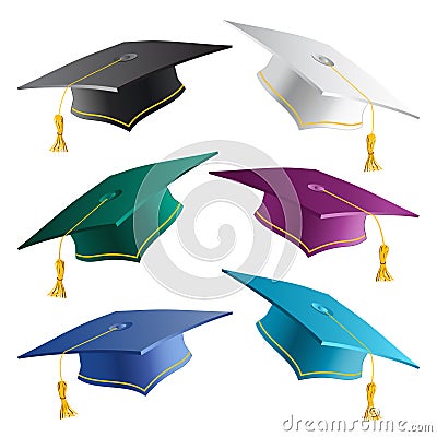 Graduate student caps collection in different colors. Set of 3D realistic graduation hats isolated on white background Vector Illustration