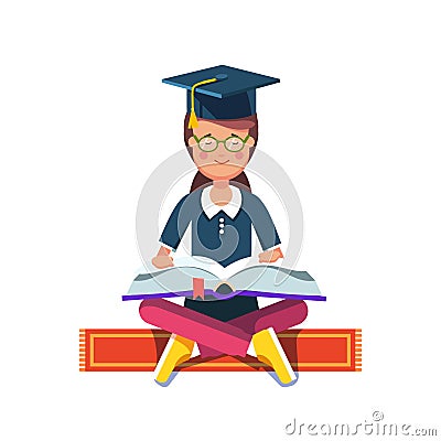 Graduate student girl reading a big book Vector Illustration