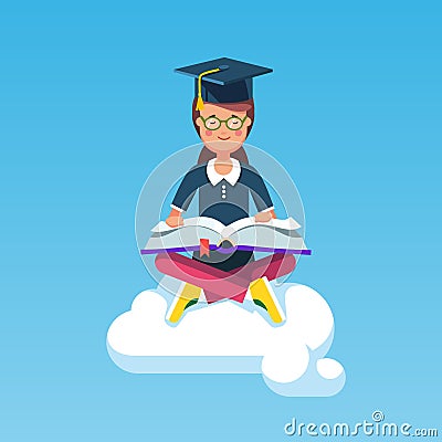 Graduate student girl sitting on a cloud with book Vector Illustration