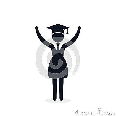 Graduate student girl in square hat raise hands vector icon. Female in mortar hat and graduation academic wear Vector Illustration