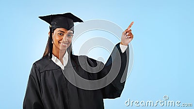 Graduate student, portrait or happy woman point at school direction, university ads or college learning, knowledge or Stock Photo