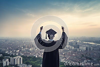 graduate student standing on mountain achieving success Stock Photo