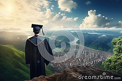 graduate student standing on mountain achieving success Stock Photo