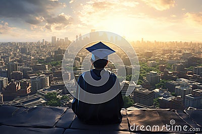 graduate student standing on mountain achieving success Stock Photo