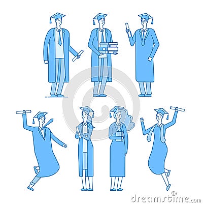 Graduate students character. Student group graduates high school graduated young male female in academic robe. Vector Vector Illustration