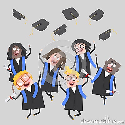 Graduate students jumping with their caps in the air Stock Photo
