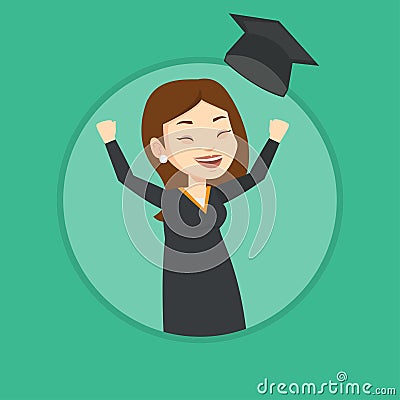 Graduate throwing up graduation hat. Vector Illustration