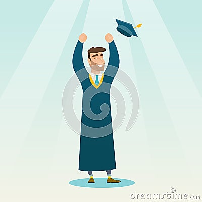 Graduate throwing up graduation hat. Vector Illustration