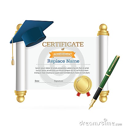 Graduated Cap Student and Roll Certificate. Vector Vector Illustration