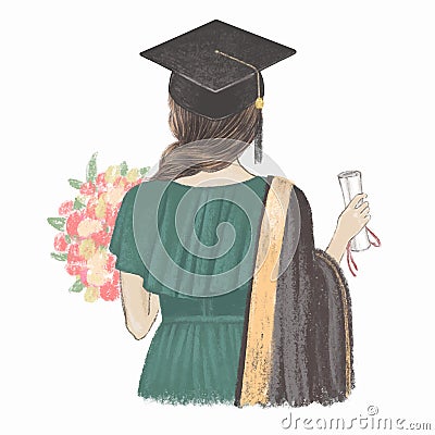 Graduated girl with certificate back view. Hand drawn illustration Vector Illustration