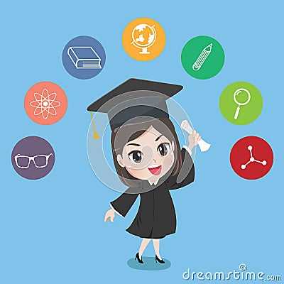 Graduated girl Hold the certificate with pride. Vector Illustration