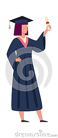 Graduated student with education certificate. Smiling girl and symbol of diploma celebration, vector study concept Vector Illustration