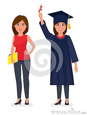 Graduated student girl young woman in cap gown showing holding diploma scroll. Celebrating graduation ceremony concept. Cartoon ve Vector Illustration