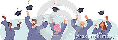 Graduated students wearing academic dress, gown or robe and tossing graduation cap. Young people celebrating university graduation Vector Illustration