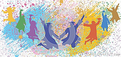 Graduated at university, college. Crowd of jumping graduates in mantles with grunge splash blots. Cheerful people silhouette, Vector Illustration