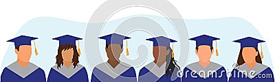 Graduates of different ethnicity in dark blue mantle and academic square cap. Graduation ceremony. Vector illustration Vector Illustration