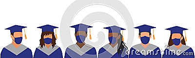 Graduates of different ethnicity in dark blue mantle and academic square cap, and in medical mask. Graduation Ceremony in Disease Vector Illustration