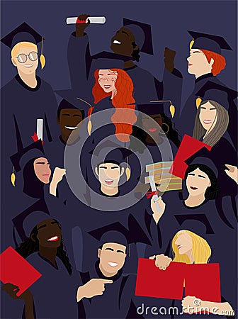 Graduates - girls and boys of different nationalities and races. Vector Illustration