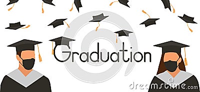 Graduates in mantle and academic square cap and with medical face mask. Graduation socially distance ceremony. Throwing of Vector Illustration