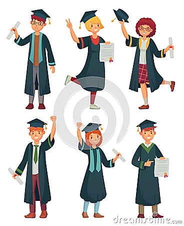 Graduates students. College student in graduation gowns, educated university graduating man and woman characters cartoon Vector Illustration