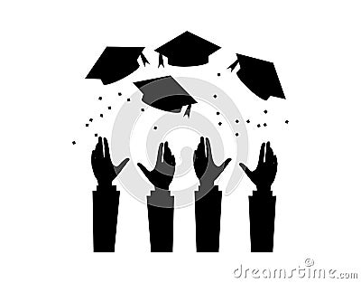 Four graduates throwing graduation hats in the air. Vector Illustration