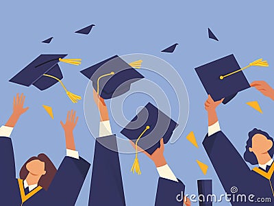 Graduates throwing hats and diplomas. Graduation ceremony vector illustration. Generative AI Cartoon Illustration