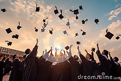 Graduates throwing their hats in the air. Concept of education and graduation, rear view of graduates throwing graduation caps in Stock Photo