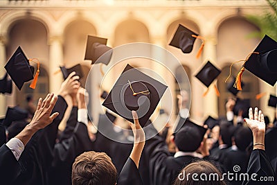 Graduates throwing their hats in the air during a graduation ceremony, graduation ceremony concept hat and diploma up raised hands Stock Photo