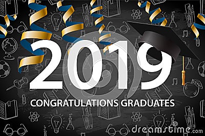 Graduating class of 2019. Poster, party invitation, greeting card in gold colors. Grad poster, vector illustration. Vector Illustration