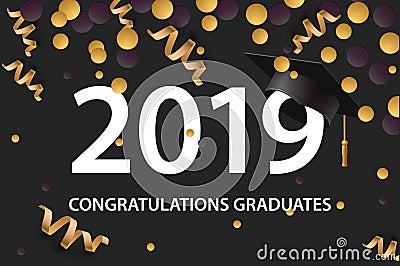 Graduating class of 2019. Poster, party invitation, greeting card in gold colors. Grad poster, vector illustration. Vector Illustration