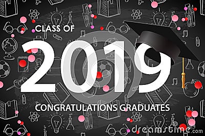 Graduating class of 2019. Poster, party invitation, greeting card in gold colors. Grad poster, vector illustration. Vector Illustration