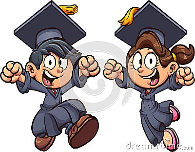 Graduating excited boy and girl wearing a cap and gown Vector Illustration