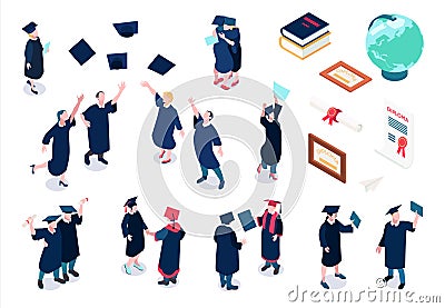 Graduating Students Icons Set Cartoon Illustration