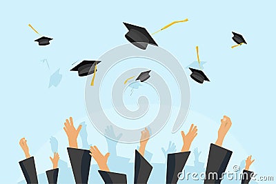 Graduating students or pupil hands in gown throwing graduation caps in the air, flying academic hats, throw mortar Vector Illustration