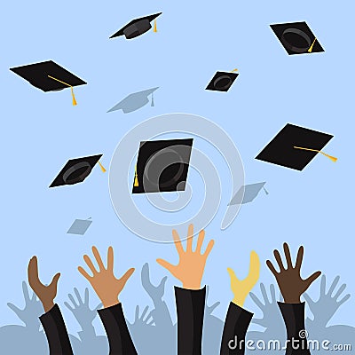Graduating students of pupil hands throwing graduation caps in the air vector flat illustration Vector Illustration