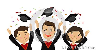 Happy graduating students throwing graduation caps. education, school, college concept. cartoon vector illustration Vector Illustration