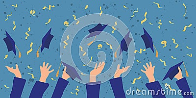 Graduation banner. Graduate students hands throwing academic caps on blue background and confetti. Vector illustration Vector Illustration