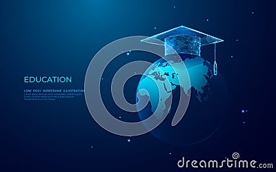 Graduation cap on abstract globe Earth. Global education concept. Vector Illustration