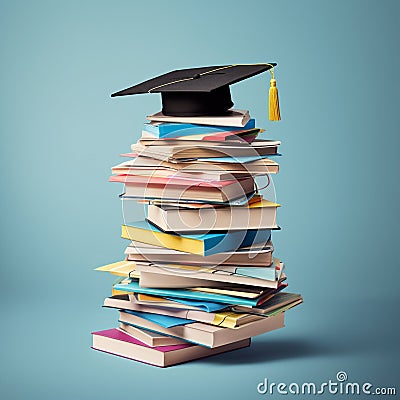 Graduation cap balancing on stack of colorful books with a touch of fantasy Stock Photo