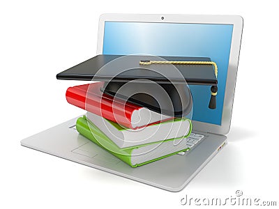 Graduation cap and books on laptop. Concept of internet, online learning. 3D Cartoon Illustration