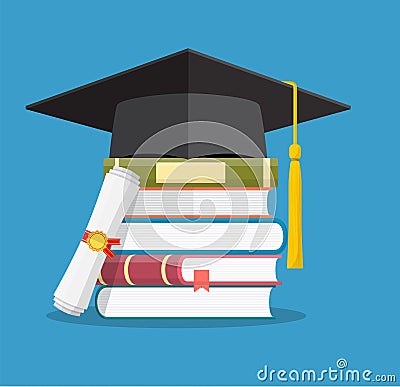 Graduation cap on books stacked, Vector Illustration